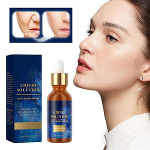 May include: A brown glass bottle of anti-aging serum with a gold cap and dropper. The label says "LIQUID SOLUTION ANTI-AGING SERUM". A before and after comparison shows a reduction in wrinkles. The product is 30ml.