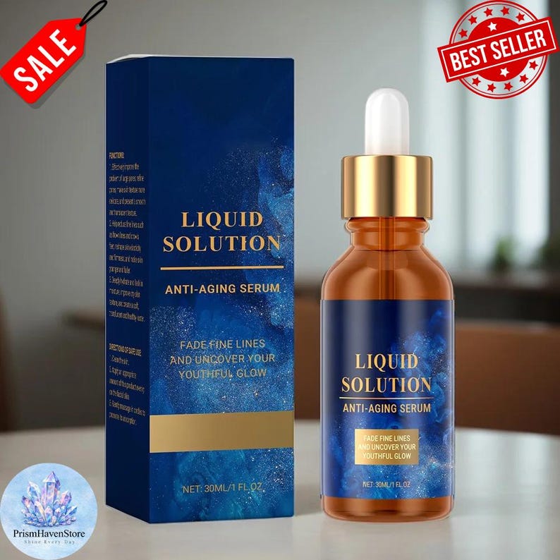 May include: A brown glass bottle of Liquid Solution Anti-Aging Serum with a gold cap and white dropper, next to a blue box with the same branding. The box and bottle have the text "FADE FINE LINES AND UNCOVER YOUR YOUTHFUL GLOW". A red "SALE" tag and a "BEST SELLER" sticker are visible.