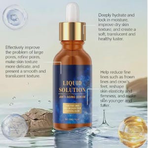 May include: A brown glass bottle of Liquid Solution Anti-Aging Serum with a gold cap and white dropper. The label is dark blue with white text, including "Fade Fine Lines & Uncover Your Youthful Glow". The bottle is 30ml / 1 fl oz.