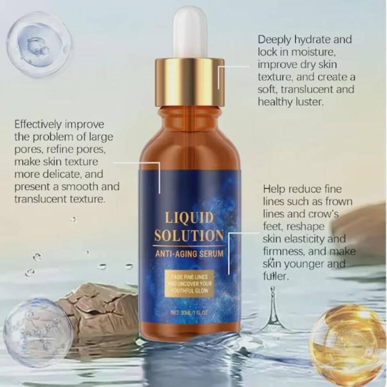 May include: A brown glass bottle of Liquid Solution Anti-Aging Serum with a gold cap and white dropper. The label is dark blue with white text, including "Fade Fine Lines & Uncover Your Youthful Glow". The bottle is 30ml / 1 fl oz.