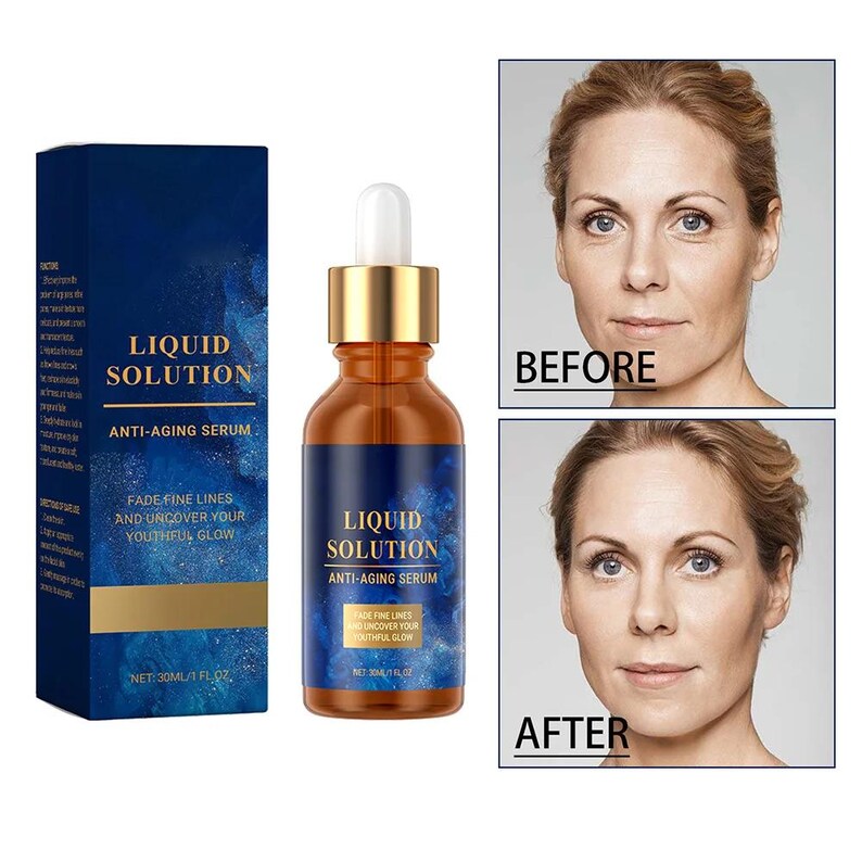 May include: An anti-ageing serum product with a dark blue box and a brown bottle. The bottle has a dropper and gold accents. The text on the bottle reads "LIQUID SOLUTION ANTI-AGING SERUM". The image also shows a before and after comparison.