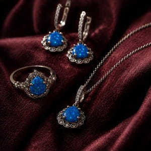 Pode incluir: Um conjunto de joias com um anel, um colar e um par de brincos. Cada peça tem uma moldura prateada e uma vibrante pedra de opala azul. Os brincos são do tipo argola. As joias são exibidas em um tecido vermelho escuro e texturizado.