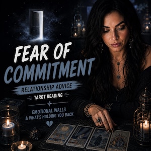Puede incluir: Imagen con el texto "FEAR OF COMMITMENT" y "RELATIONSHIP ADVICE - TAROT READING". Una mujer está mirando cartas del tarot. Las cartas están iluminadas por la luz de las velas, creando una atmósfera mística. El fondo presenta una puerta con luz.