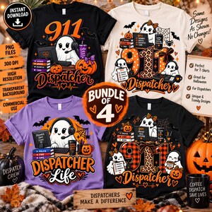 Puede incluir: Un paquete de cuatro camisetas con gráficos de operador del 911, fantasmas, calabazas y auriculares. Los diseños incluyen textos como 911 Dispatcher, Dispatcher Life y Dispatchers Make a Difference sobre telas negras, blancas y moradas.