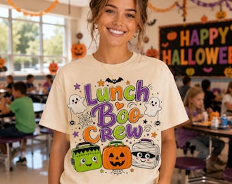 Personal de cafetería de Halloween del equipo Lunch BOO PNG, diseño de camiseta de señora del comedor escolar, sublimación de trabajador de cafetería, lindo maestro de Halloween PNG