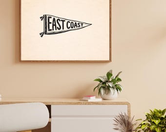 Arte de banderines de la Costa Este / Decoración retro de casas de playa / Pared de apartamento costero / Póster tipográfico playero / Descarga digital horizontal
