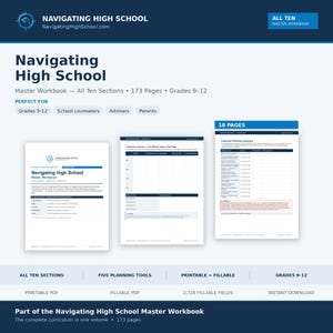 以下が含まれることがあります： 9〜12年生向けの173ページのNavigating High Schoolワークブック。10のセクション、5つの計画ツール、2,728の入力可能フィールドが含まれています。白地に濃い青色のテキスト、卒業準備ダッシュボード、および表が記載されたデザインです。