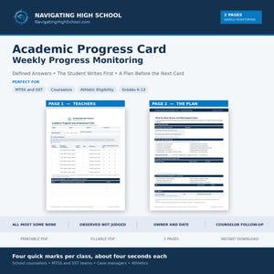 May include: A two-page Academic Progress Card for weekly monitoring, featuring a teacher-focused page and a student-focused plan page. The document includes sections for student information, class performance tracking, and follow-up action steps.