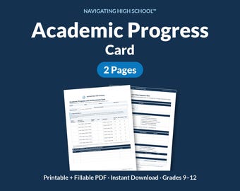 Puede incluir: Una tarjeta de progreso académico de dos páginas en PDF imprimible para los grados 9-12. El documento incluye secciones para registrar cursos y calificaciones, sobre un fondo azul oscuro con el texto Navigating High School.