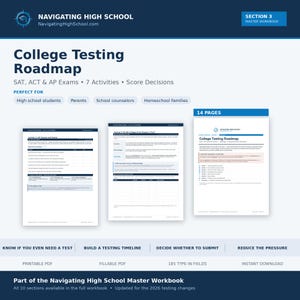 May include: A 14-page digital workbook titled College Testing Roadmap for SAT, ACT, and AP exams. It includes printable and fillable PDF activity sheets for high school students, parents, and counsellors to build testing timelines and score decisions.