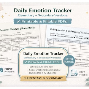 Op de afbeelding: Een afdrukbaar PDF-document getiteld "Daily Emotion Tracker" voor leerlingen van de basisschool en het voortgezet onderwijs. Het document bevat invulbare formulieren voor dagelijkse emotie-check-ins en welzijnsregistratie, met secties voor reflectie en notities.