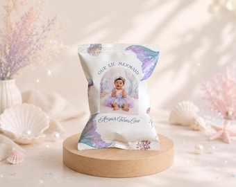 Editable Little Mermaid Chip Bag Template, Oneder The Sea Birthday Favor Bag, Under The Sea Party Snack Bag Canva Template, Ocean, 1st Bday