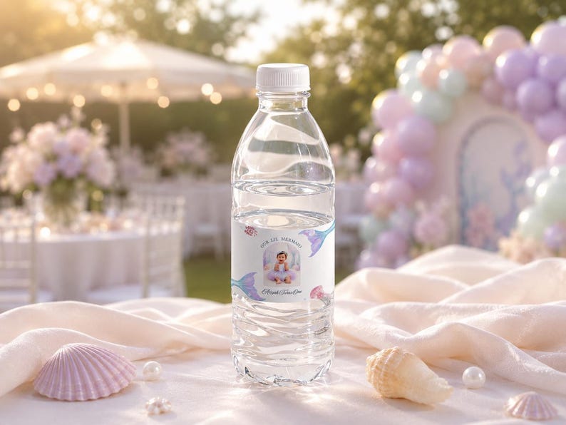 May include: A clear plastic water bottle with a white cap and a custom label featuring a photograph of a child in a tutu, the text "OUR LIL MERMAID" and "Alayna turns One", decorated with illustrations of colourful mermaid tails and seashells.