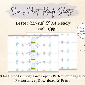 May include: Printable sheets featuring four rectangular labels per page, each measuring 8x2 inches. The labels display a mermaid tail, underwater plants, and a landscape graphic. Text includes Bonus Print Ready Sheets, Letter (11x8.5) & A4 Ready, and Trim lines added for easy cutting.