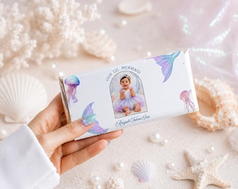 Kleine Meerjungfrau Schokolade Wrapper Vorlage bearbeitbar in Canva, unter dem Meer Geburtstag Favor, Foto Candy,1st Mermaid Party Printable