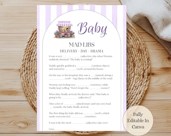 Lavendel-Babyparty-Mad Libs-Spiel, bearbeitbare Vorlage, Lila Blumen-Babypartyspiel, bedruckbare Canva, Lieferungsdrama.Lokal gewachsenes Bab