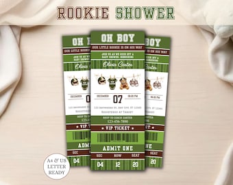May include: A set of three vertical ticket-style baby shower invitations in olive green, brown, and white. The text reads ROOKIE SHOWER, OH BOY, OUR LITTLE ROOKIE IS ON HIS WAY, Olivia Carter, December 07, and VIP TICKET. Graphics include a football helmet, onesie, teddy bear, and baby shoes hanging on a clothesline.