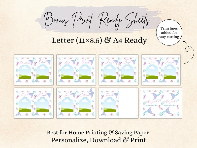 Pu&ograve; includere: Un set digitale di carte traguardo stampabili con illustrazioni a tema sirena in colori pastello. I fogli includono testo per i mesi da uno a dodici, spazi per foto e linee di taglio per formati di carta A4 e 11x8.5 pollici.