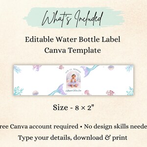 May include: An editable water bottle label Canva template measuring 8 by 2 inches. The rectangular label features a white background with light blue and pink mermaid-themed illustrations, including a central photo of a child and the text Our Lil Mermaid.