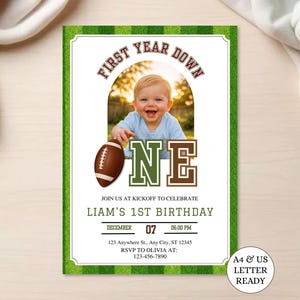 May include: A rectangular birthday invitation card featuring a football theme with a green grass border. The text reads FIRST YEAR DOWN, ONE, JOIN US AT KICKOFF TO CELEBRATE, LIAM'S 1ST BIRTHDAY, DECEMBER 07, 06:00 PM, 123 Anywhere St., Any City, ST 12345, RSVP TO OLIVIA AT: 123-456-7890, and A4 & US LETTER READY.