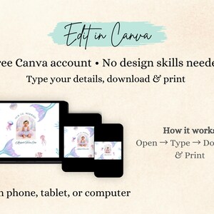 May include: A digital template for a mermaid-themed invitation displayed on a laptop, tablet, and smartphone. The design features watercolour illustrations of mermaid tails, jellyfish, and coral. Text includes Edit in Canva, How it works, and Edit on phone, tablet, or computer.