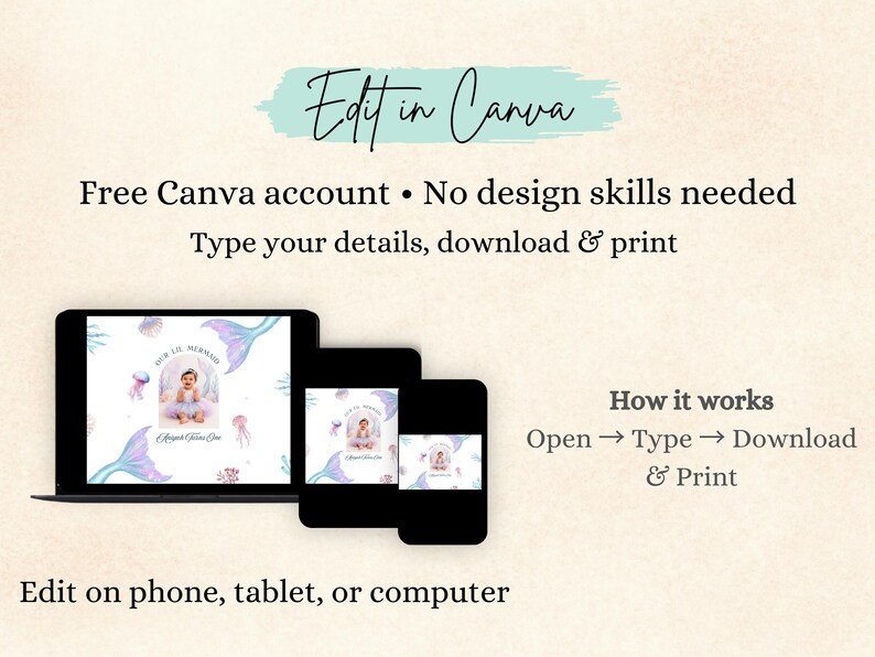May include: A digital template for a mermaid-themed invitation displayed on a laptop, tablet, and smartphone. The design features watercolour illustrations of mermaid tails, jellyfish, and coral. Text includes Edit in Canva, How it works, and Edit on phone, tablet, or computer.