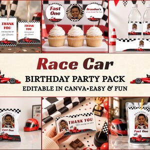 Race Car Birthday Party Favor Bundle Editable Canva Template, Any Age Racing Party, Photo Frames Removable, Fast One 1st Birthday Party Pack