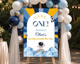 Space First Birthday Welcome Sign Template, Trip Around The Sun Birthday Poster, Editable ONE Birthday Sign, Astronaut Party Decor. Digital
