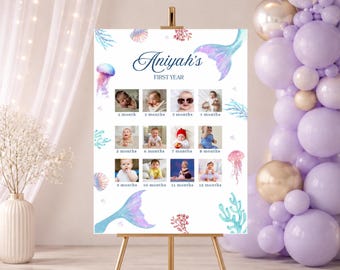 Mermaid First Year Photo Board Template, Under the Sea Birthday Milestone Poster, Editable Canva Baby Monthly Photos Sign, Oneder The Sea