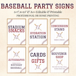 May include: A set of six printable baseball party signs with red and blue text on a white pinstriped background. Each sign features a baseball and two crossed bats. Text includes Stadium Snacks, Hydration Station, Concession Stand, Autographs, Cards & Gifts, and Souvenir Shop. Sizes listed are 5x7 inches, 8x10 inches, and A4.