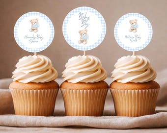 Blue Teddy Bear Baby Shower Cupcake Toppers, Editable Party Circles (Digital Download