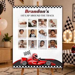May include: A rectangular milestone poster featuring the text Brandon's 1ST LAP AROUND THE TRACK, twelve individual photographs of a child from one to twelve months, and a graphic of a red race car with a checkered flag at the bottom.