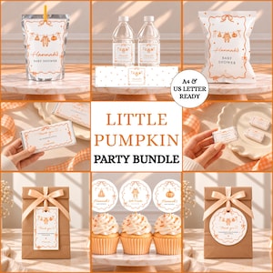 Può includere: Un set per feste Little Pumpkin con decorazioni arancioni e bianche che include una busta per bevande, etichette per bottiglie d'acqua, un sacchetto di patatine, incarti per cioccolatini, decorazioni per cupcake e sacchetti regalo con etichette.