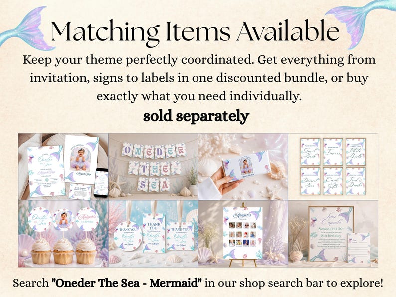 May include: A digital display featuring a collection of mermaid-themed party stationery and decor items, including invitations, banners, cupcake toppers, gift tags, and signage, all decorated with pastel mermaid tails and sea-themed graphics.