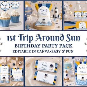 May include: A space-themed birthday party printable set featuring an astronaut graphic, blue and yellow color scheme, and the text 1st Trip Around Sun. Includes cupcake toppers, chip bag labels, water bottle wraps, thank you tags, and candy bar wrappers.