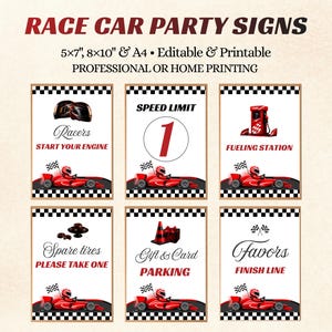Racing Party Table Signs Bundle, Race Car Birthday Decorations, Fast One Party Signs, Editable Canva Templates, Printable Signs, Red & Black