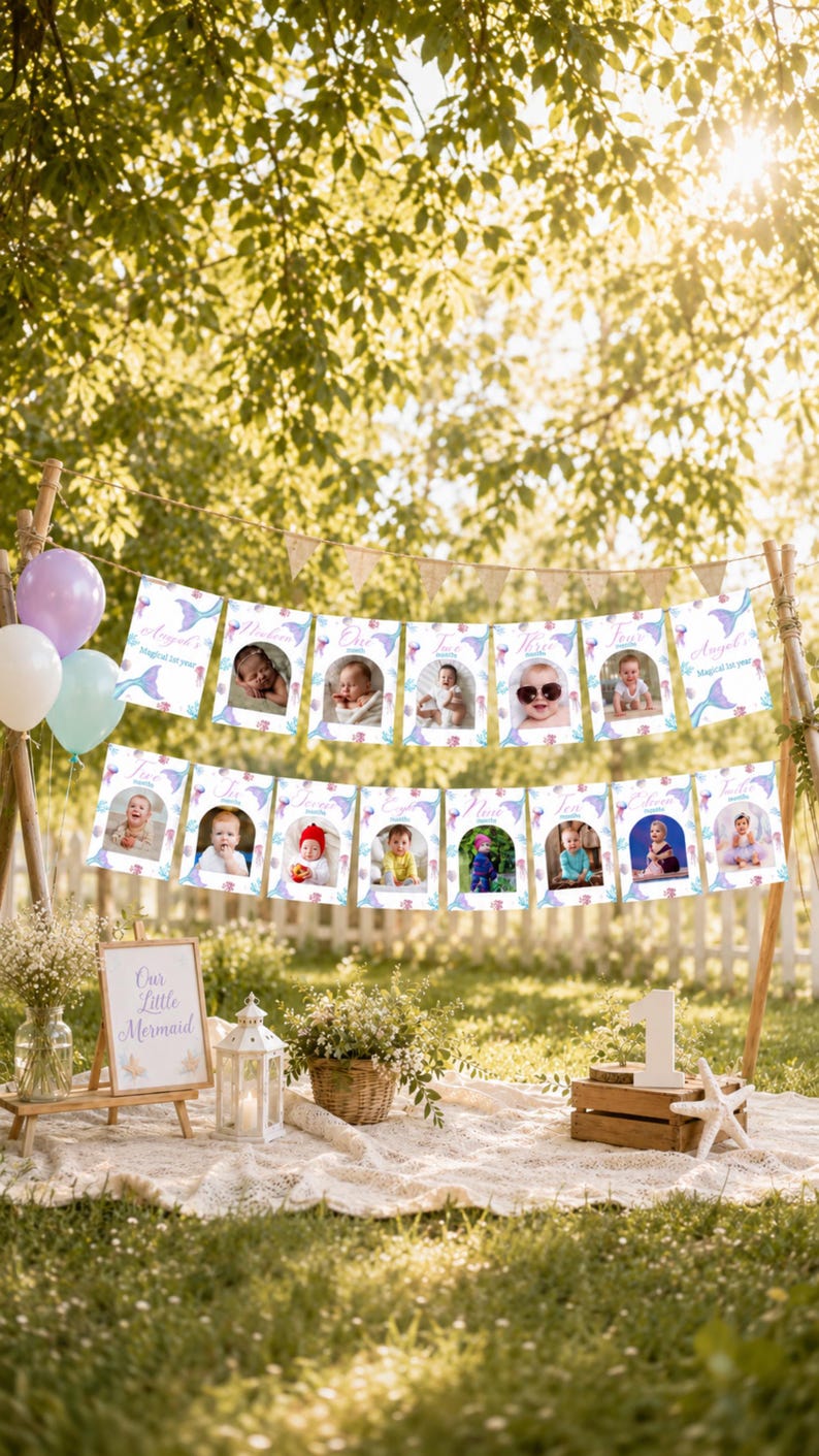 Pu&ograve; includere: Uno striscione decorativo con dodici cartoline fotografiche rettangolari con bordi a tema sirena, che mostrano le tappe mensili di un bambino. Un cartello in legno recita "Our Little Mermaid" accanto a una lanterna bianca.