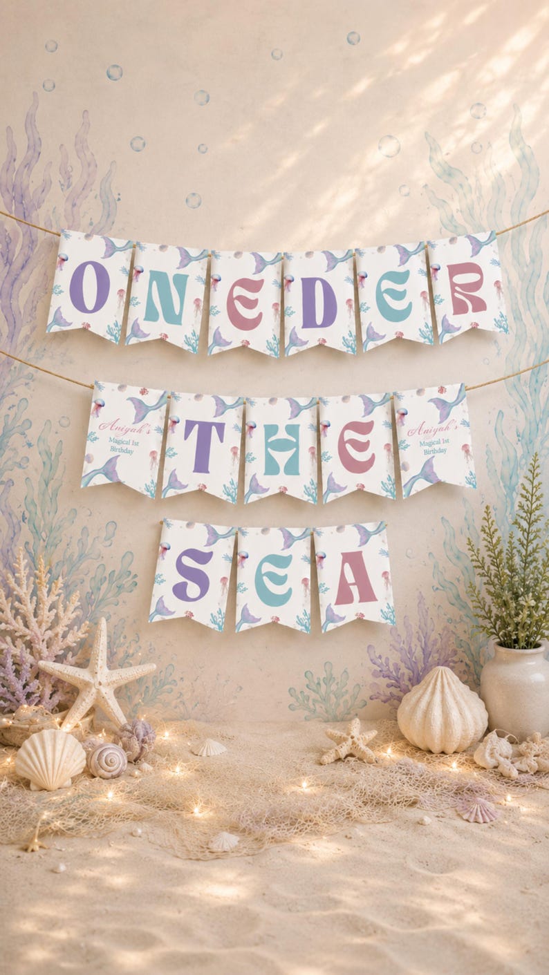 K&ouml;nnte beinhalten: Ein dekoratives Banner-Set mit Wimpeln in einem Meerjungfrauen-Muster und pastellfarbenen Buchstaben, die ONEDER THE SEA bilden. Die ersten und letzten Wimpel in der zweiten Reihe enthalten den Text Aniyah's Magical 1st Birthday in Schreibschrift.