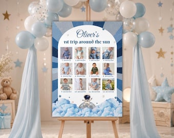 Editable First Trip Around the Sun Birthday Milestone Board Template, Space Theme 1st Birthday Photo Collage Poster Canva. Space Adventure