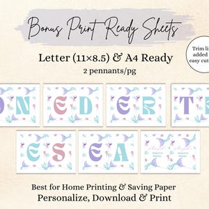 K&ouml;nnte beinhalten: Druckbare Wimpelkettensheets mit Meerjungfrauen-Motivbuchstaben, die ONE DER THESEA in Pastellfarben buchstabieren. Enth&auml;lt den Text Bonus Print Ready Sheets, Letter (11x8.5) & A4 Ready, 2 pennants/pg, Trim lines added for easy cutting und Best for Home Printing.