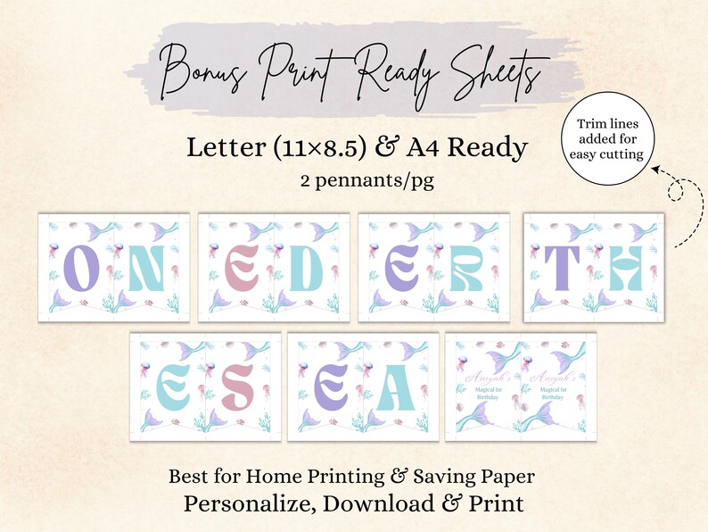 K&ouml;nnte beinhalten: Druckbare Wimpelkettensheets mit Meerjungfrauen-Motivbuchstaben, die ONE DER THESEA in Pastellfarben buchstabieren. Enth&auml;lt den Text Bonus Print Ready Sheets, Letter (11x8.5) & A4 Ready, 2 pennants/pg, Trim lines added for easy cutting und Best for Home Printing.