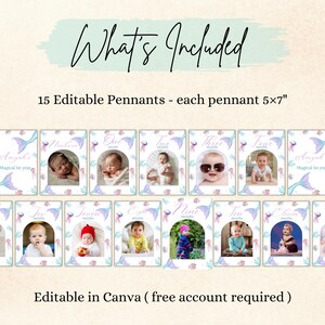 Pu&ograve; includere: Un set di 15 gagliardetti modificabili, ciascuno di 12,7x17,8 cm, con un bordo a tema sirena, meduse e code. Il testo recita What's Included, 15 Editable Pennants - each pennant 5x7", e Editable in Canva (richiesto account gratuito).