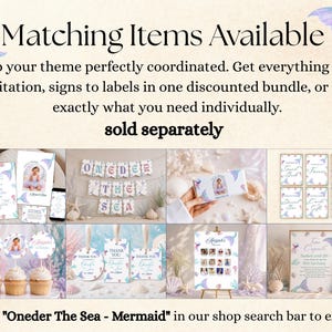 May include: A collection of mermaid-themed party stationery including invitations, a banner reading Oneder The Sea, cupcake toppers, gift tags, and signage. The items feature pastel colours, mermaid tail illustrations, and text for event details.