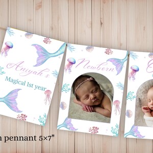 Pu&ograve; includere: Un set di tre gagliardetti rettangolari in carta che misurano 12,7x17,8 cm, con un tema sirena ad acquerello, meduse, coralli e code di sirena. Gli striscioni mostrano il testo Aniyah's Magical 1st year, Newborn e One month.