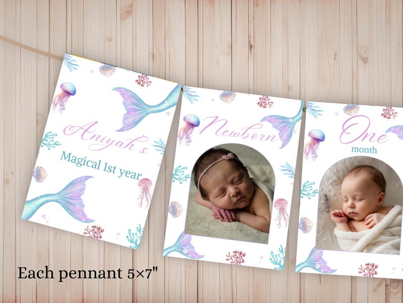 Pu&ograve; includere: Un set di tre gagliardetti rettangolari in carta che misurano 12,7x17,8 cm, con un tema sirena ad acquerello, meduse, coralli e code di sirena. Gli striscioni mostrano il testo Aniyah's Magical 1st year, Newborn e One month.