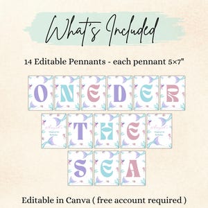 K&ouml;nnte beinhalten: Ein Set aus 14 bearbeitbaren Wimpeln, jeweils 12,7x17,8 cm gro&szlig;, mit einem Meerjungfrauen-Muster in Pastellfarben. Die Wimpel zeigen den Text 'ONEDER THE SEA' in gro&szlig;en, bunten Buchstaben sowie zwei personalisierbare Namenskarten.
