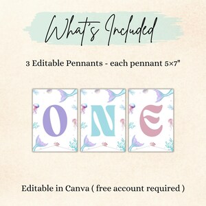 May include: Three rectangular pennants measuring 5x7 inches each, featuring a white background with watercolor illustrations of mermaid tails, jellyfish, and coral. The letters O, N, and E are displayed in large purple, blue, and pink fonts.