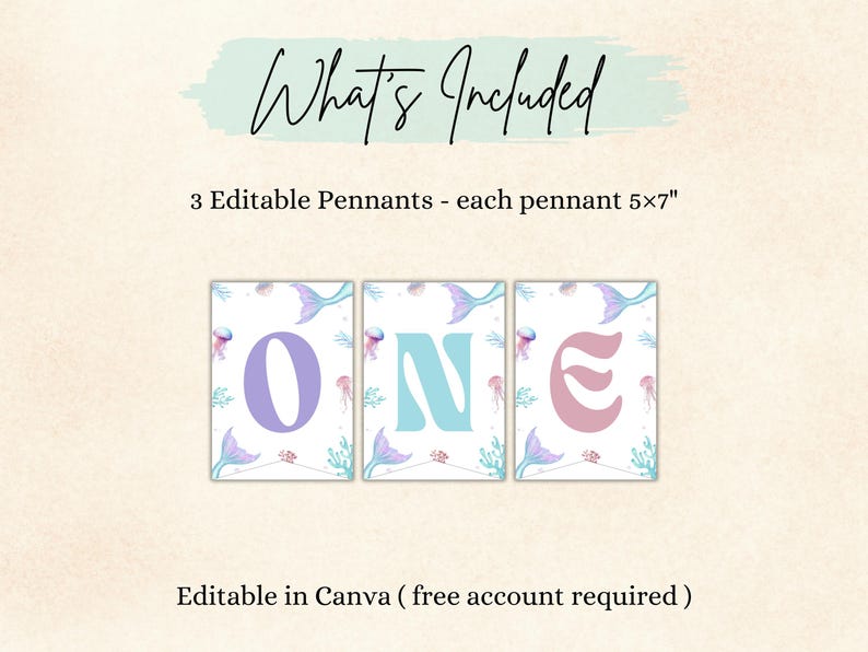 May include: Three rectangular pennants measuring 5x7 inches each, featuring a white background with watercolor illustrations of mermaid tails, jellyfish, and coral. The letters O, N, and E are displayed in large purple, blue, and pink fonts.