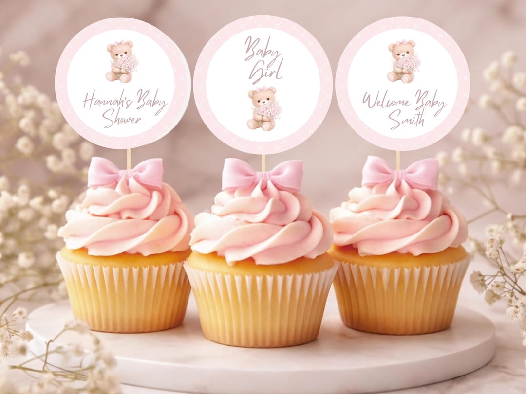 Pink Teddy Bear Baby Shower Cupcake Toppers, Editable Party Circles ...