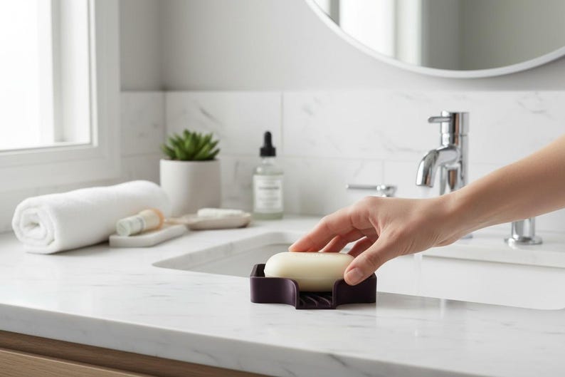 May include: A rectangular, dark purple soap dish holds a bar of light-colored soap. The soap dish is on a white countertop in a bathroom setting. Other bathroom accessories are visible in the background.